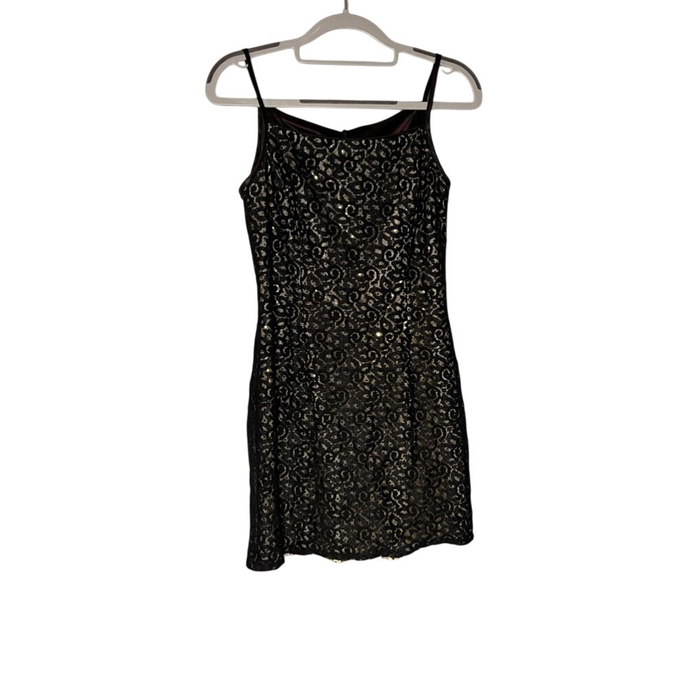 Jessica McClintock black lace silver sequin mini dress
